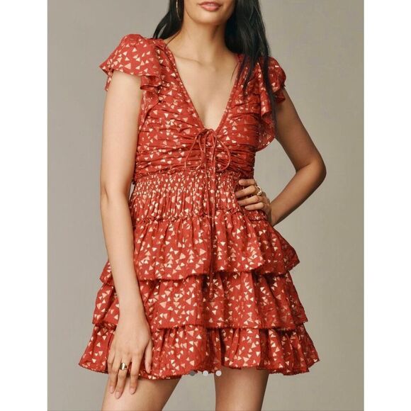 Anthropologie Dresses & Skirts - Anthropologie Mini Dress Short Sleeve Ruffled V neck Garnet Red size Large‎